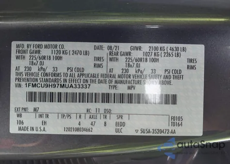 2021 Ford Escape Sel z USA, uszkodzony, nr VIN 1FMCU9H97MUA33337